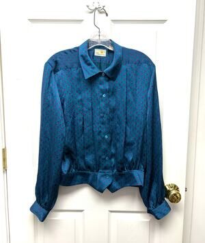 Liz Claiborne Blouse Vintage Blouson Button Front Teal Purple Print Size 10 80s